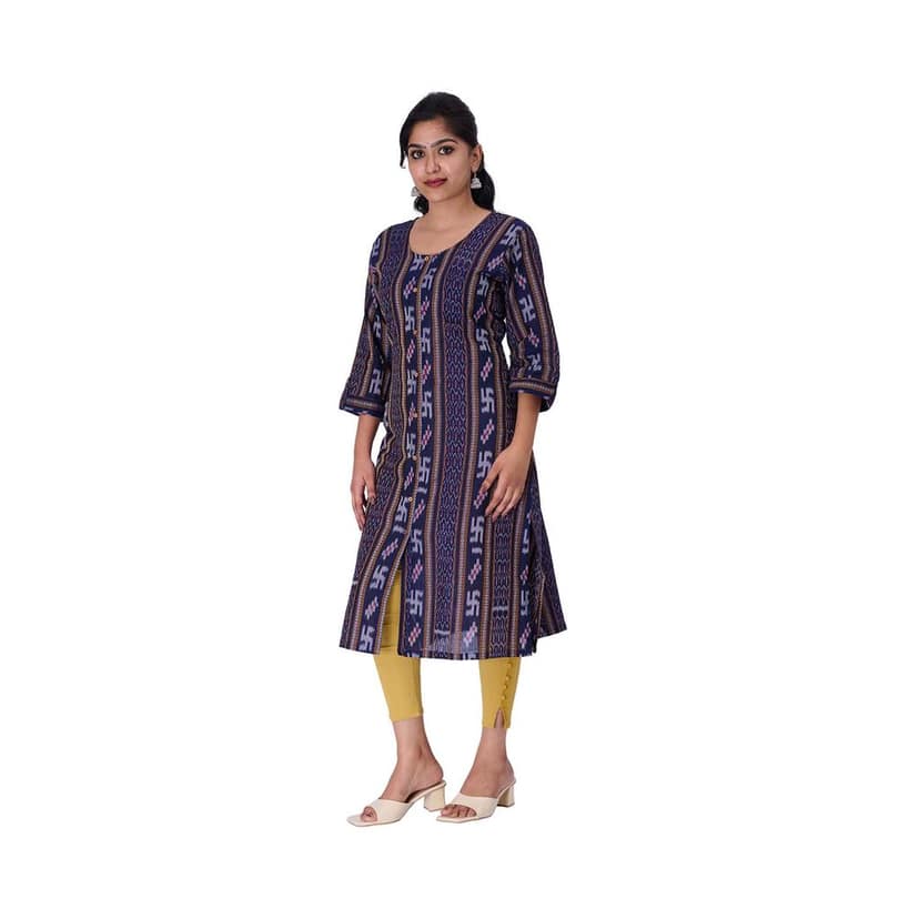 GHL GUENDICHA HAAT Sambalpuri Certified Handloom Women's Pure Cotton Round Neck Front Slit Kurta view 3