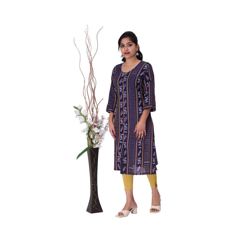 GHL GUENDICHA HAAT Sambalpuri Certified Handloom Women's Pure Cotton Round Neck Front Slit Kurta view 5