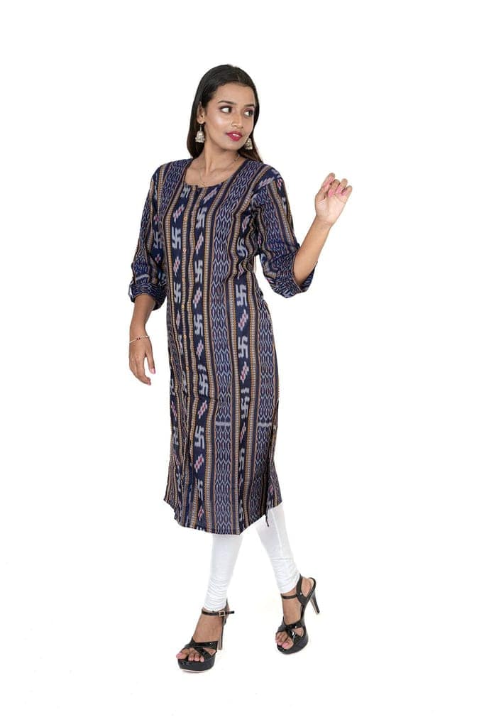 GHL GUENDICHA HAAT Sambalpuri Certified Handloom Women's Pure Cotton Round Neck Front Slit Kurta view 8