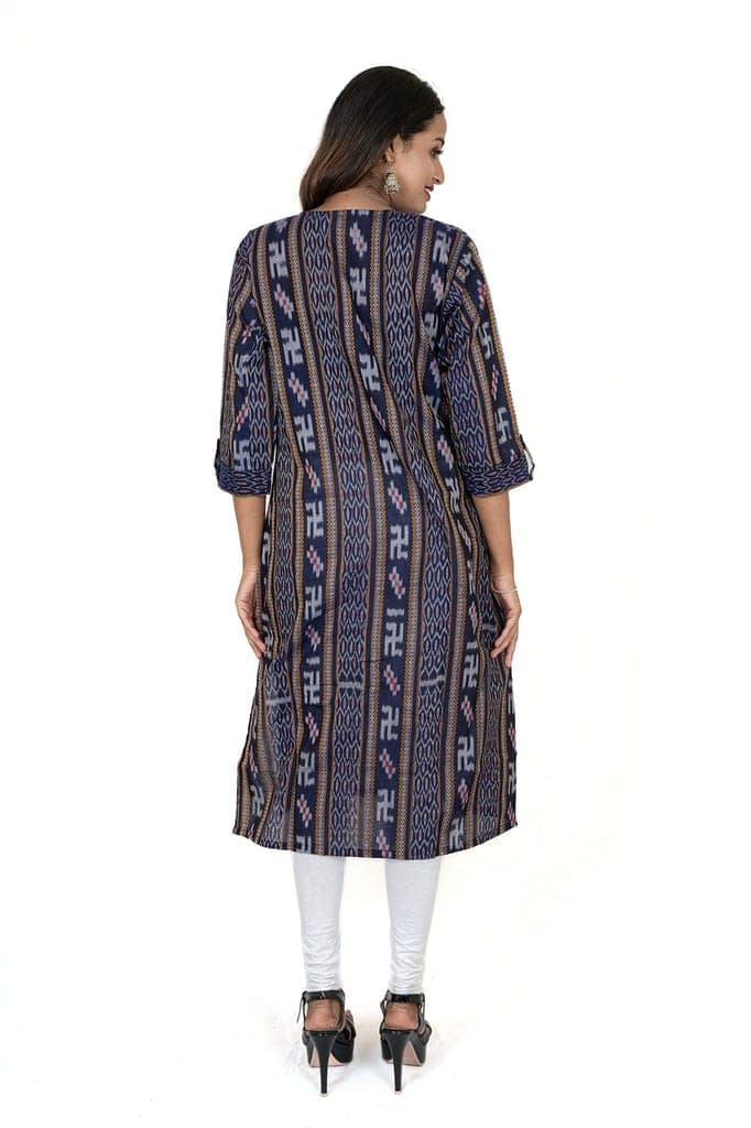 GHL GUENDICHA HAAT Sambalpuri Certified Handloom Women's Pure Cotton Round Neck Front Slit Kurta view 9