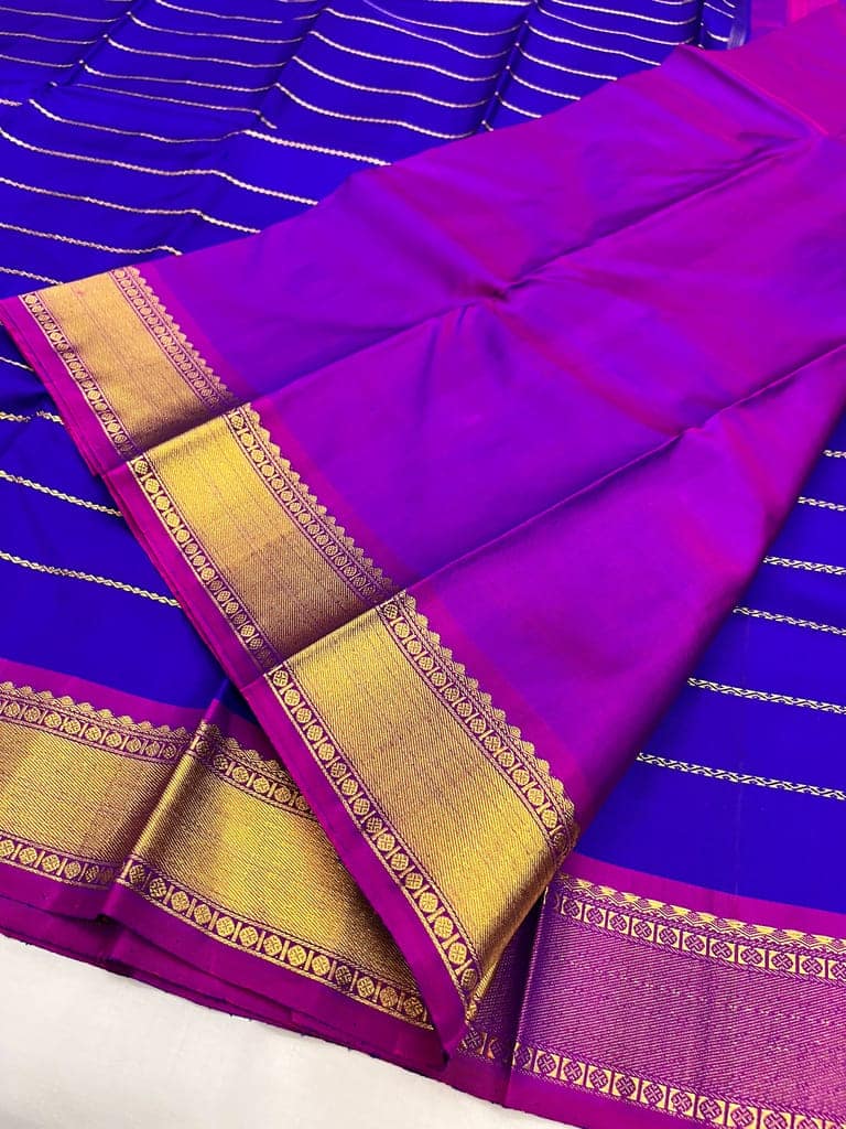 Blue with Violet Color Silk Saree Has Stripe Design with Unstitched Blouse view 2