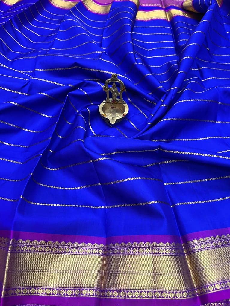 Blue with Violet Color Silk Saree Has Stripe Design with Unstitched Blouse view 3