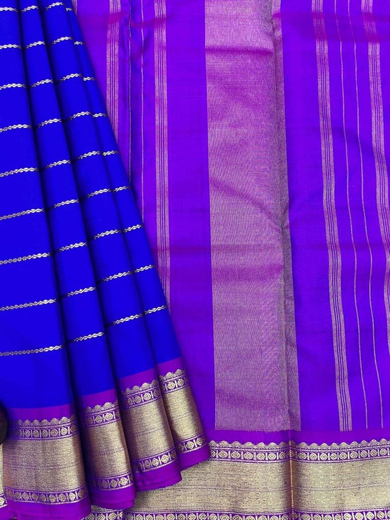 Blue with Violet Color Silk Saree Has Stripe Design with Unstitched Blouse view 4