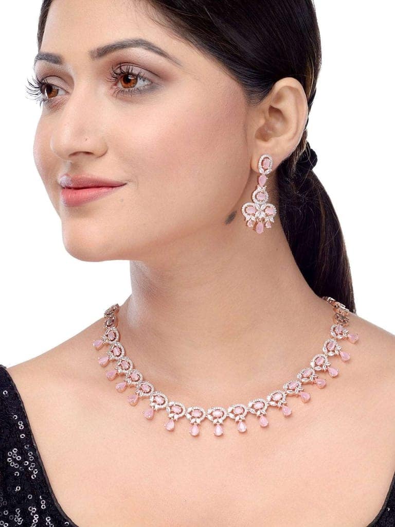 Contemporary Pink Diamond studded Necklace Earrings for women & Girls view 2
