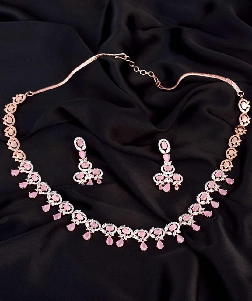 Contemporary Pink Diamond studded Necklace Earrings for women & Girls view 3
