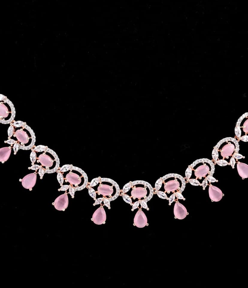 Contemporary Pink Diamond studded Necklace Earrings for women & Girls view 7