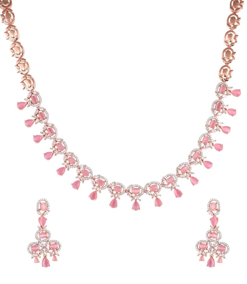 Contemporary Pink Diamond studded Necklace Earrings for women & Girls view 9