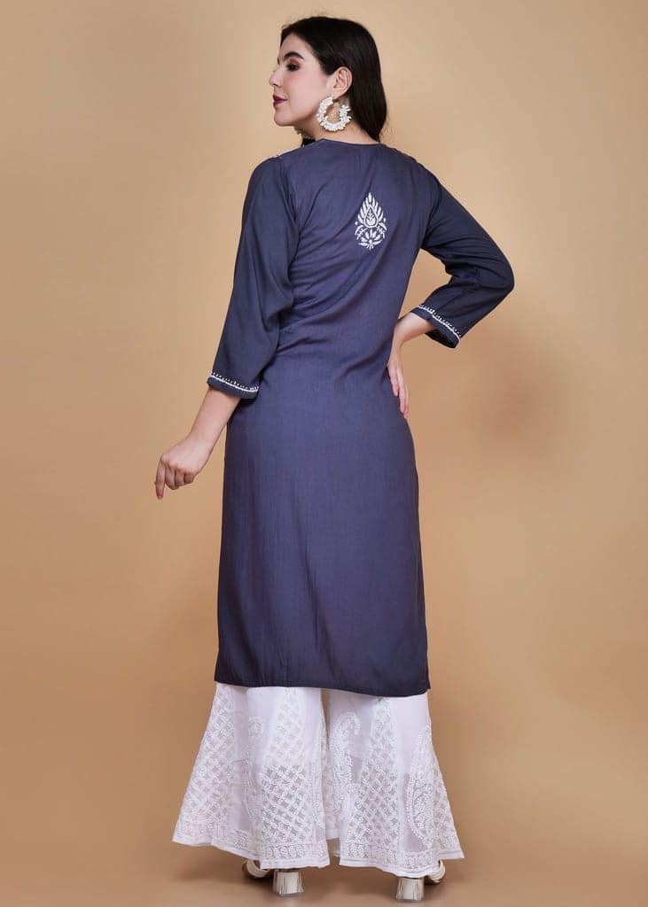Chikankari Hand-Embroidered Rayon Straight Kurta Grey view 5