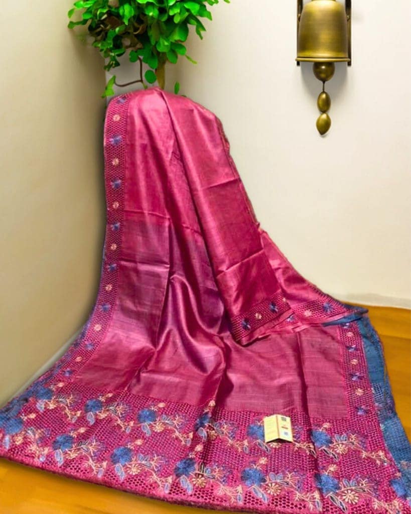 Silkmark Certified Pure Tussar Silk Saree Berry Pink Color Hand Embroidery with Hand Cutwork and running blouse-4011 view 2