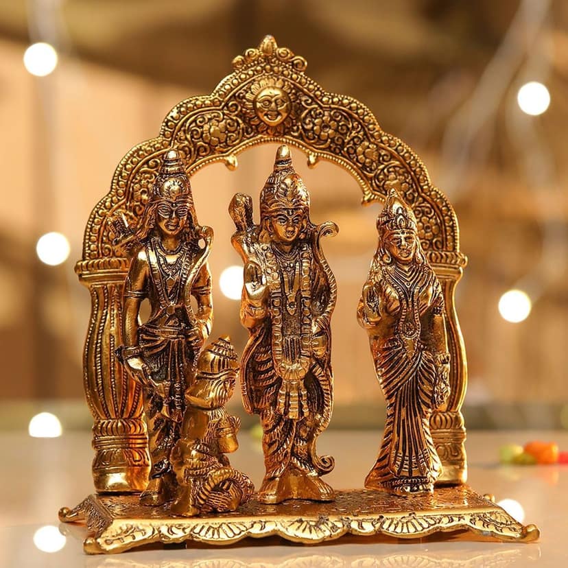 Aluminium Ram Darbar Statue with Red Velvet Box | Premium Ram Parivar Idol for Puja & Gift, Height : 9.5 Inch (ASMAS229 G)