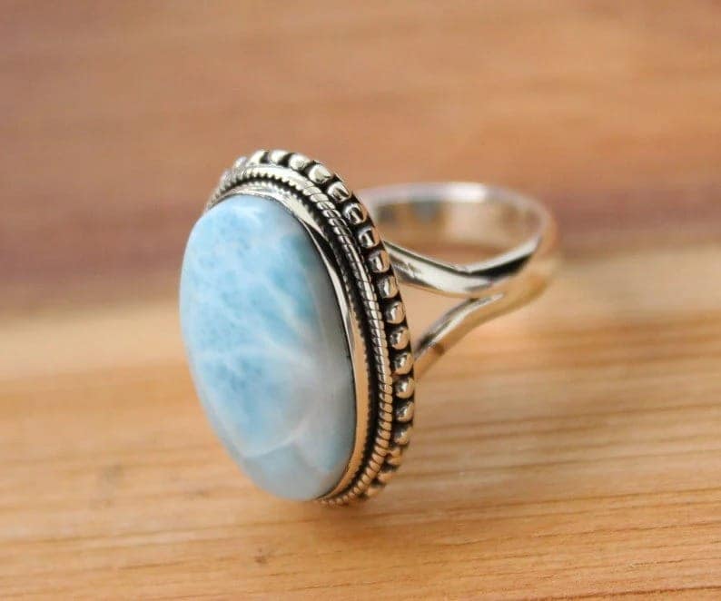 Larimar Ring, 925 Sterling Silver Ring, Statement Larimar Gemstone Ring Designer Handmade Jewelry Gift For Her view 3