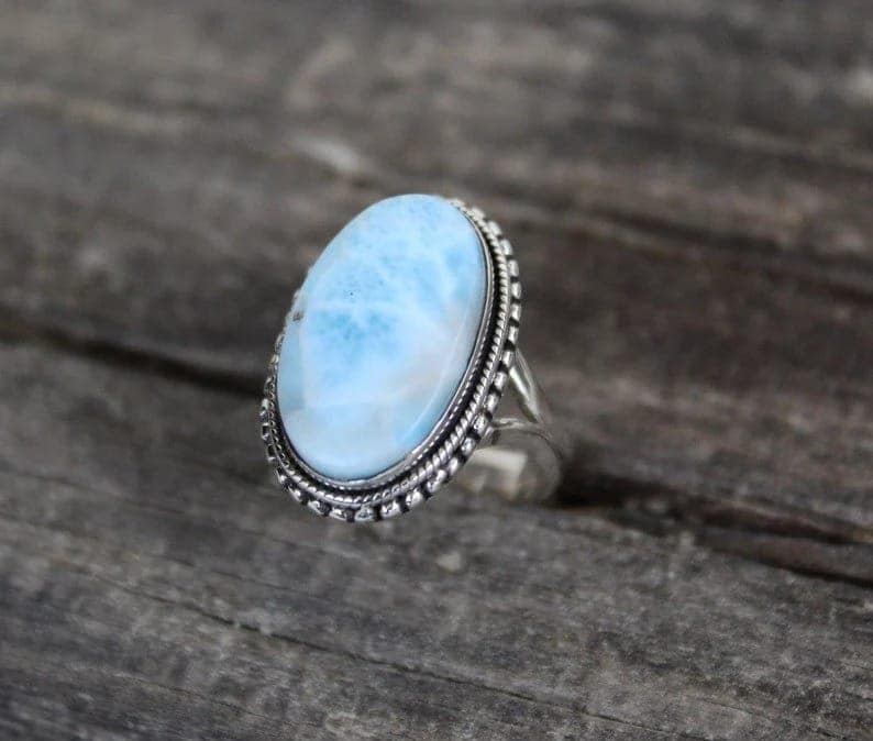 Larimar Ring, 925 Sterling Silver Ring, Statement Larimar Gemstone Ring Designer Handmade Jewelry Gift For Her view 4
