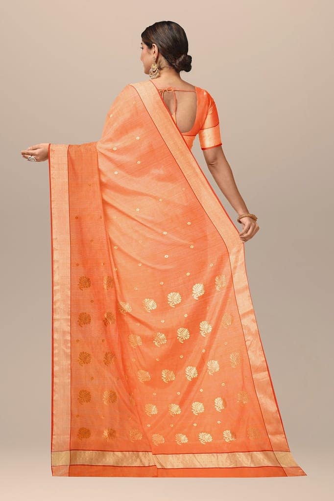 Orange Handwoven Traditional Floral Golden Buta Chanderi with Golden Zari Border SKU - BS10087 view 2