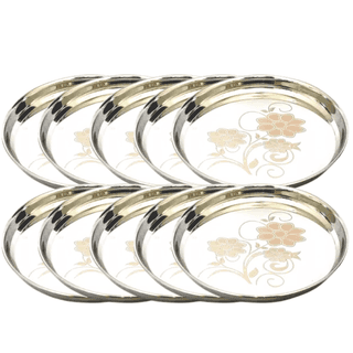 SHINI LIFESTYLE Stainless Steel Plate, khumcha Thali, Floral design, Light weight 30cm dinner plate 10pc