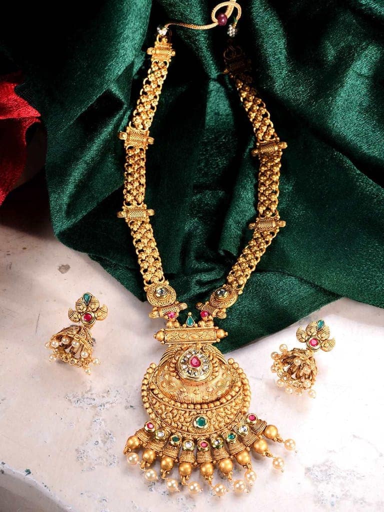 Gold Plated Kundan & Pearl studded Rajwadi Long Temple Necklace Jewellery Set view 2