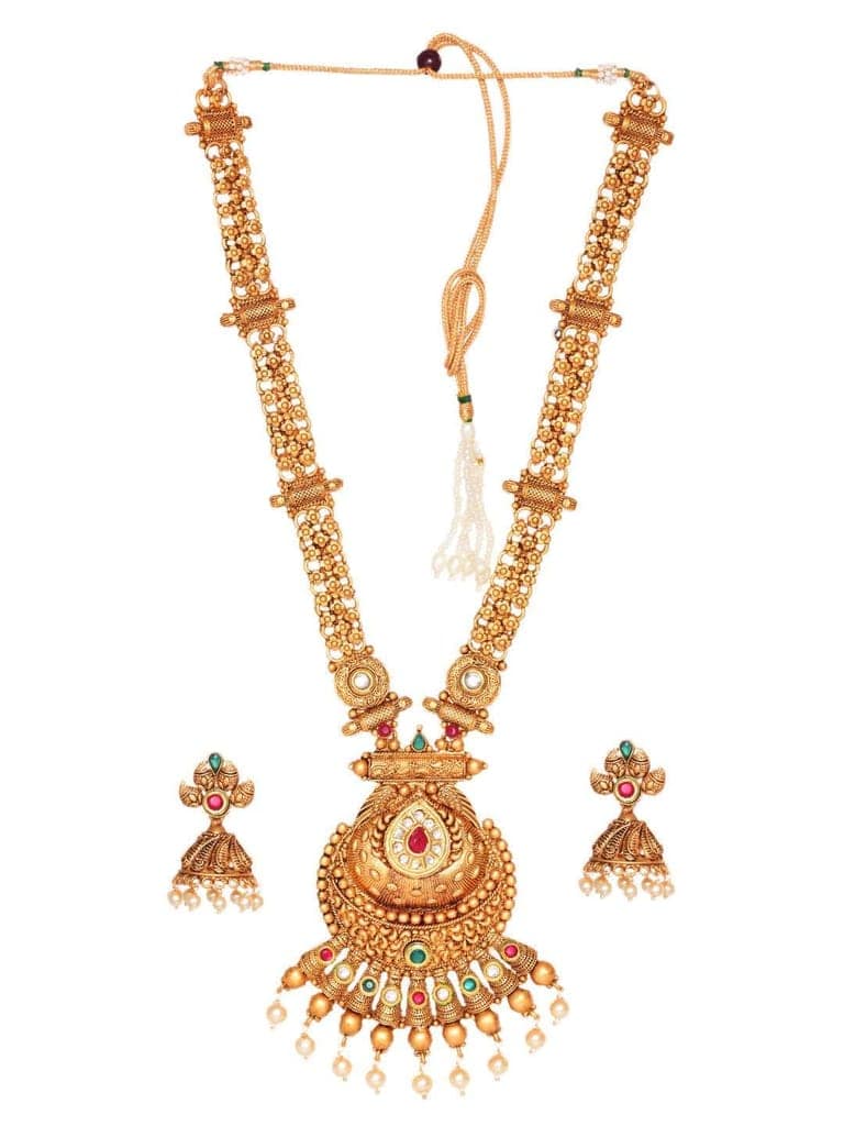 Gold Plated Kundan & Pearl studded Rajwadi Long Temple Necklace Jewellery Set view 4