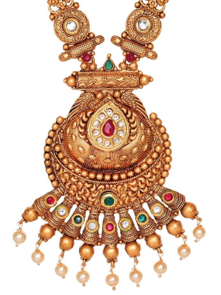 Gold Plated Kundan & Pearl studded Rajwadi Long Temple Necklace Jewellery Set view 5