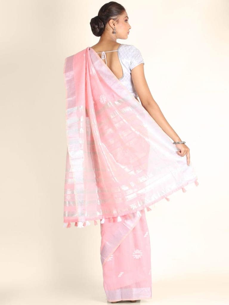 Pink Linen Saree With Foil Print view 2