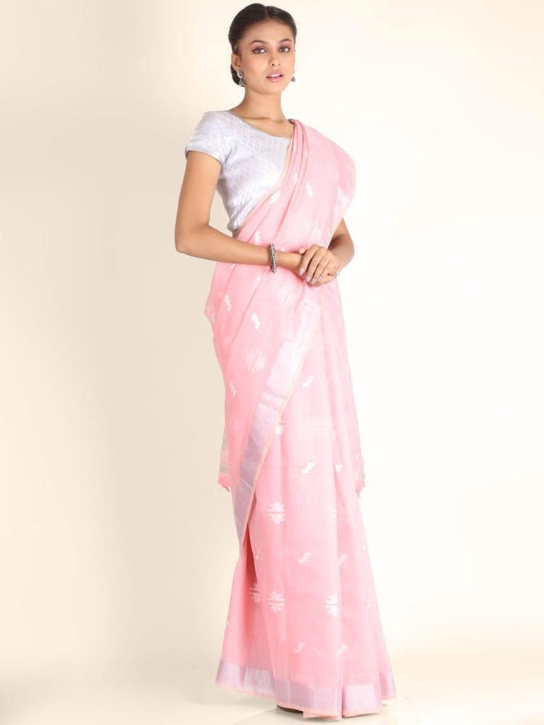 Pink Linen Saree With Foil Print view 3