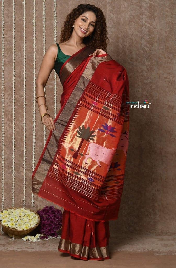 Tyohaar ~ Exclusive! Handloom Pure Cotton Paithani in Most Traditional Maroon with Pichwai Pallu view 2