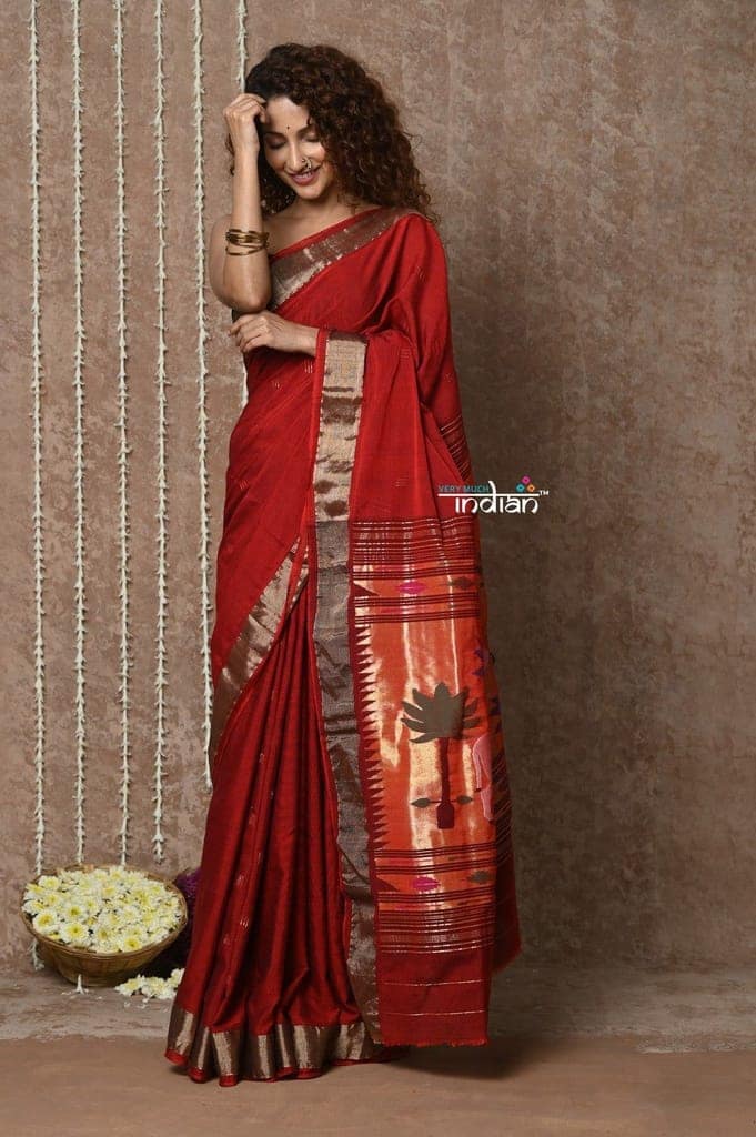 Tyohaar ~ Exclusive! Handloom Pure Cotton Paithani in Most Traditional Maroon with Pichwai Pallu view 3