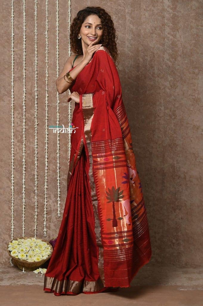 Tyohaar ~ Exclusive! Handloom Pure Cotton Paithani in Most Traditional Maroon with Pichwai Pallu view 4