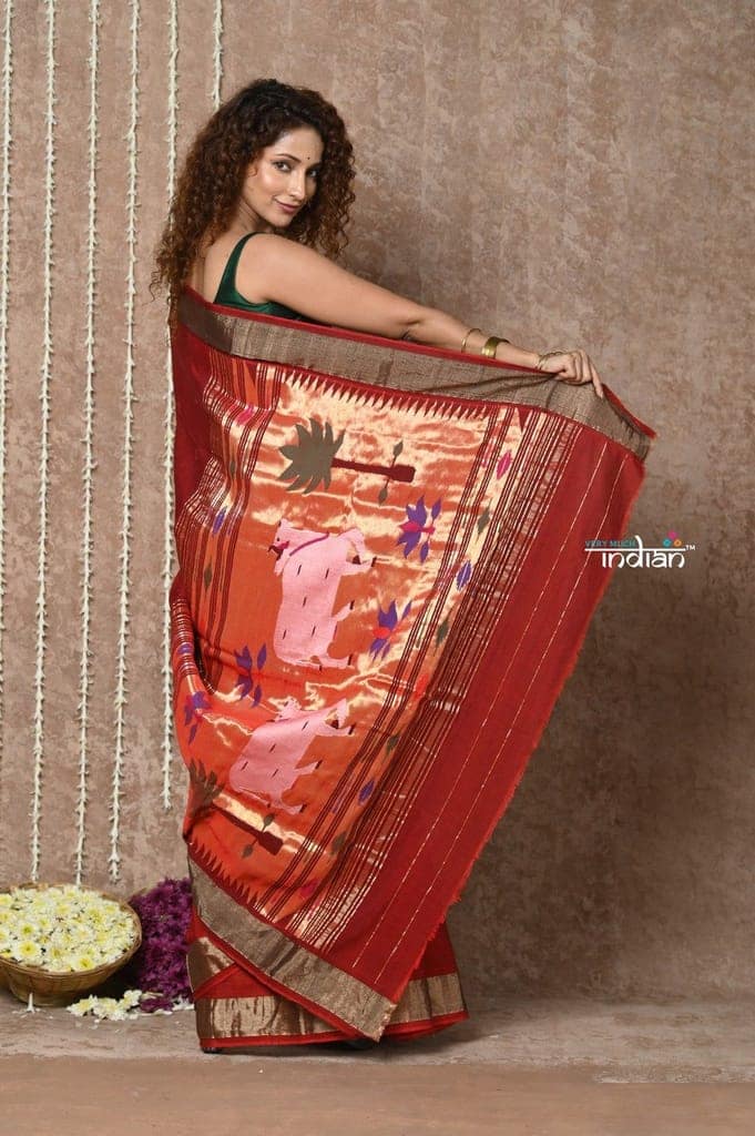 Tyohaar ~ Exclusive! Handloom Pure Cotton Paithani in Most Traditional Maroon with Pichwai Pallu view 5