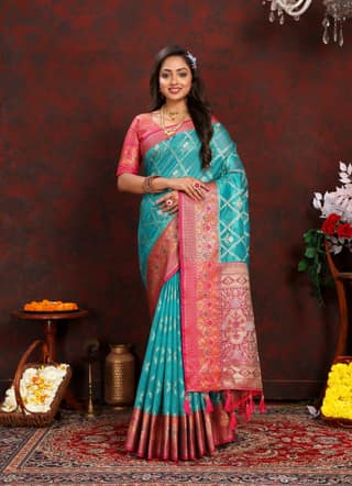 Soft organza silk saree with Meenakari weawing ...