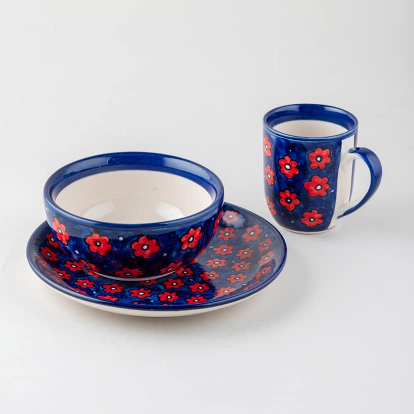 Blue & Red Floral Ceramic Breakfast Set of 3 (Plate - 8 Inches, Bowl - 5 Inches, Mug - 250 ml) view 4
