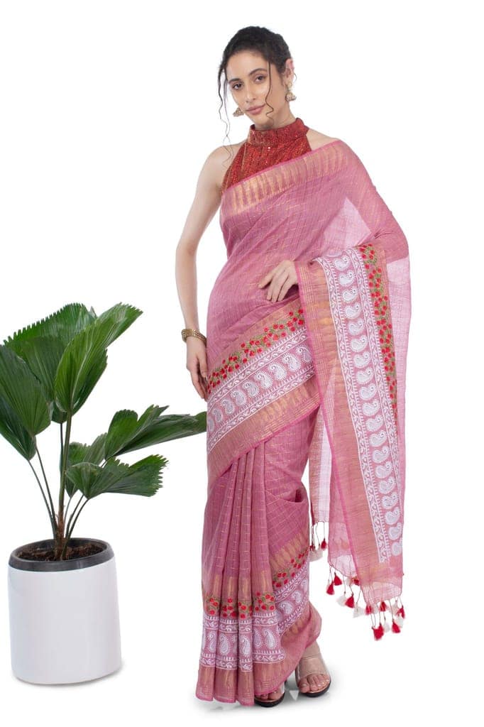 Bansbara Silk Saree Puce Pink Color Zaquard design with Golden Check and Digital Embroidery along running blouse-1083 view 2