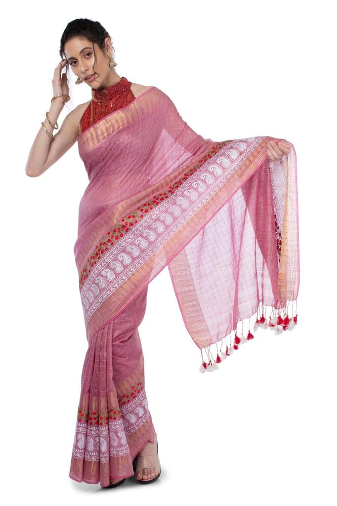 Bansbara Silk Saree Puce Pink Color Zaquard design with Golden Check and Digital Embroidery along running blouse-1083 view 3