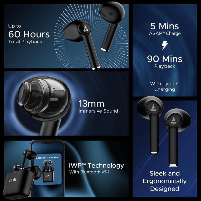 Boat Airdopes 138 with 60 Hrs Playback, ASAP Charge Truly Wireless Bluetooth in Ear Earbuds with Mic (Active Black) view 9