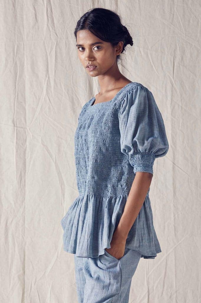 Indigo Smock Peplum Top In Organic Cotton view 2
