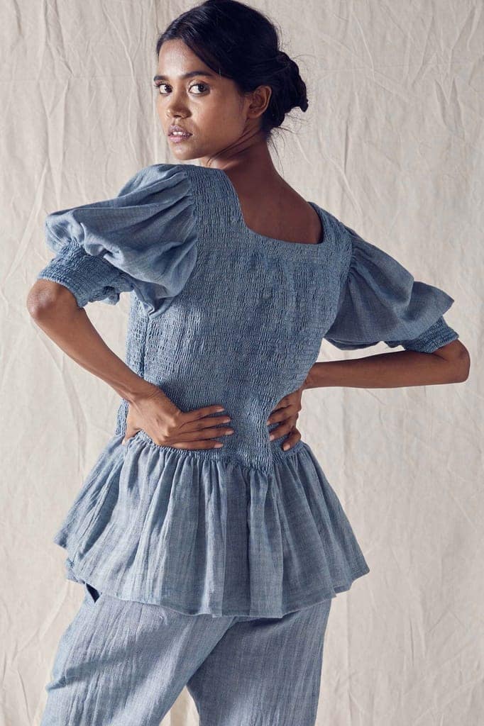 Indigo Smock Peplum Top In Organic Cotton view 3