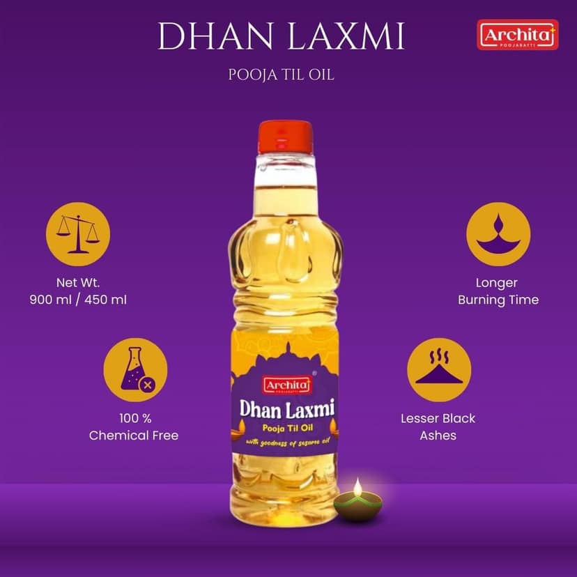Archita Dhan Laxmi Pooja Oil (Sesame/Til Oil) |100% Chemical-free | No- Alcoholic perfumes used | Lamp | for everday diya deepak deepam (2700 ml) view 2