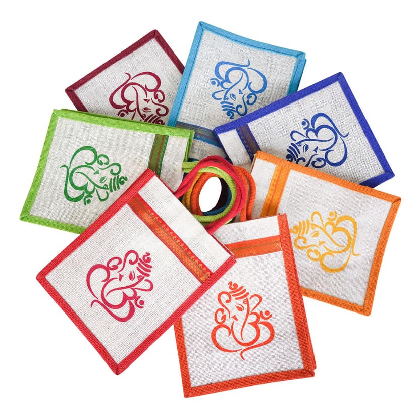 SS Eco-Life Eco-Friendly Jute Bag for Return Gift / Thamboolam Bag with Divine God Ganesh Print for Engagement, Wedding, Baby Shower, Housewarming and Pooja's like Navaratri & Varalakshmi Vratham. Multicolour.