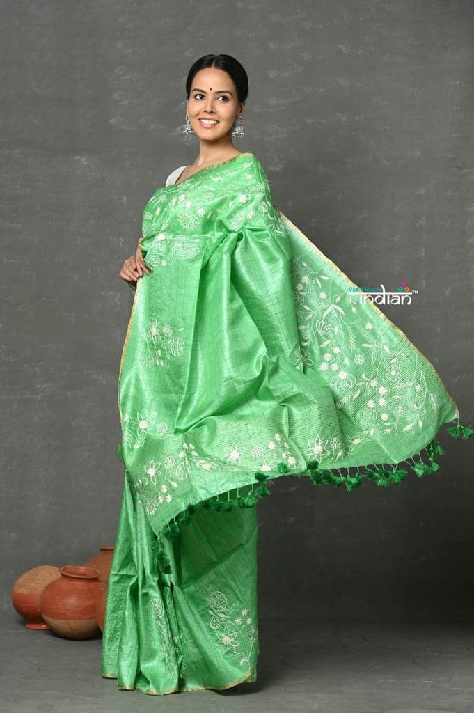 Tyohaar ~ Pure Handloom Tussar Silk with Hand Embroidery by Khadigram Certified Weavers ~ Pista Green view 2