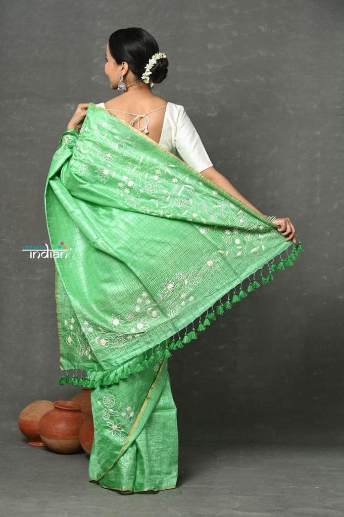 Tyohaar ~ Pure Handloom Tussar Silk with Hand Embroidery by Khadigram Certified Weavers ~ Pista Green view 3