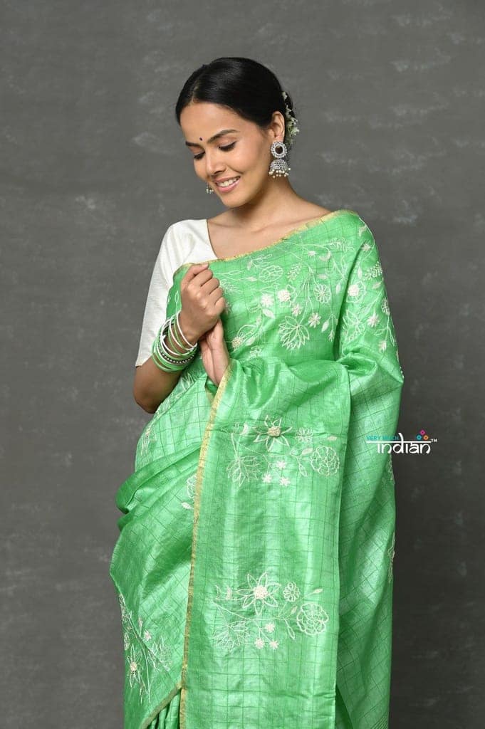 Tyohaar ~ Pure Handloom Tussar Silk with Hand Embroidery by Khadigram Certified Weavers ~ Pista Green view 4