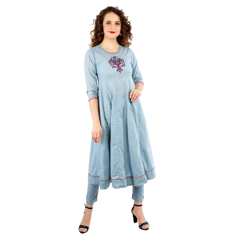 Hand Embroidered Cotton A-Line Kurti With Pant and Leheriya Dupatta view 3