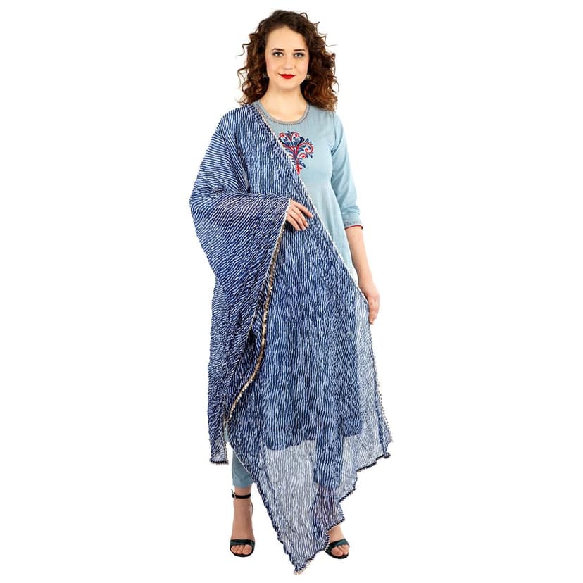 Hand Embroidered Cotton A-Line Kurti With Pant and Leheriya Dupatta view 5