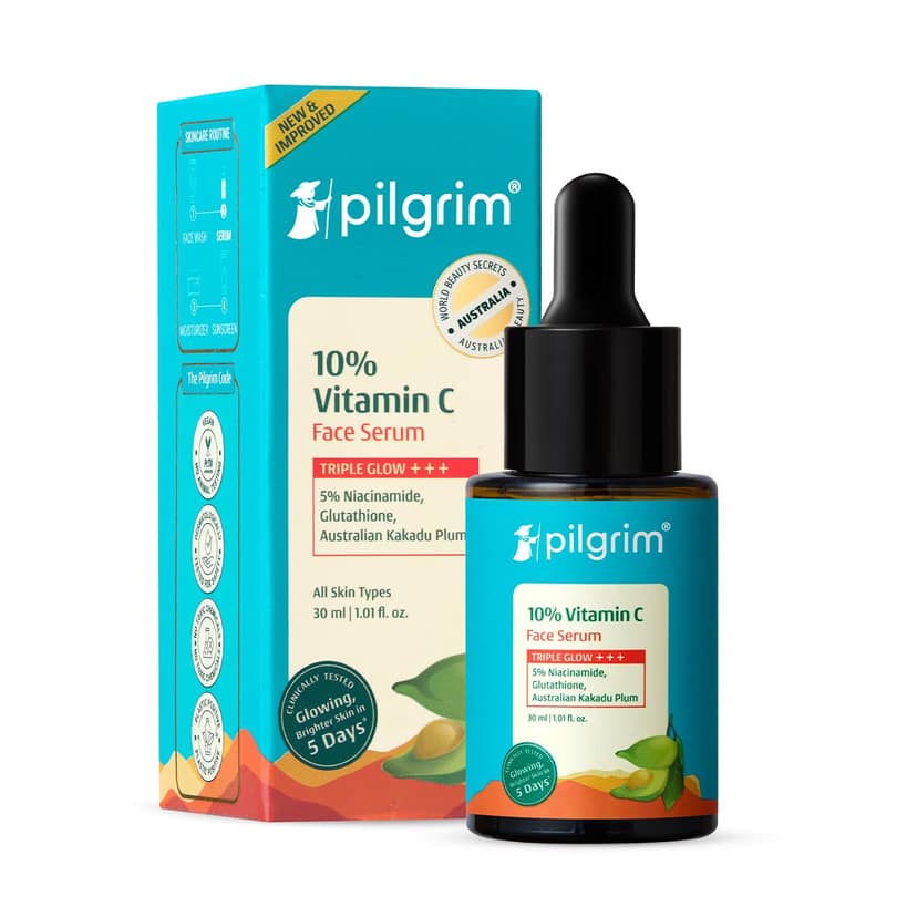 Pilgrim 10% Vitamin C Serum 30ml for Glowing Skin|With 5% Niacinamide, Hyaluronic & Glycolic Acid|Fades Dark Spots, Pigmentation|For All, Oily, Combination, Normal Skin |Beginner Friendly - Men, Women Pilgrim 10% Vitamin C Serum 30ml for Glowing Skin|Wit