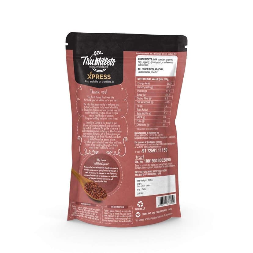 Trumillets Xpress - Healthy Millet Drink - Instant Mix | Nutrition for Adults (Men & Women), Kids- Health, Strength and Energy| No Preservatives| Gluten Free| Popped Ragi Milk & Badam Milk (Pack of 2) view 6