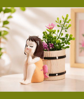 PICKARTME Cute Girl Flower Pot Showpiece with Artificial Plant | Resin Decorative Planter for Home, Office & Table Decor