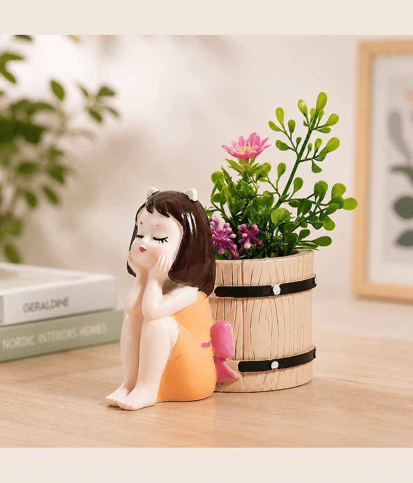 PICKARTME Cute Girl Flower Pot Showpiece with Artificial Plant | Resin Decorative Planter for Home, Office & Table Decor view 2