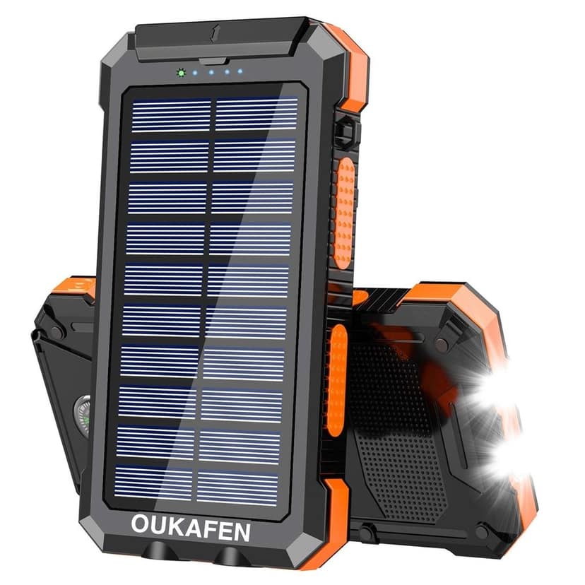OUKAFEN Outdoor Solar Power Bank 30000mAh with LED Flashlight & Compass - Rugged Portable Charger For All SmartPhones