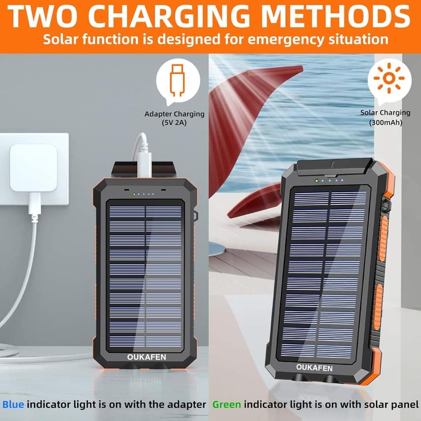 OUKAFEN Outdoor Solar Power Bank 30000mAh with LED Flashlight & Compass - Rugged Portable Charger For All SmartPhones view 3