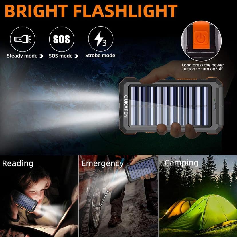 OUKAFEN Outdoor Solar Power Bank 30000mAh with LED Flashlight & Compass - Rugged Portable Charger For All SmartPhones view 4