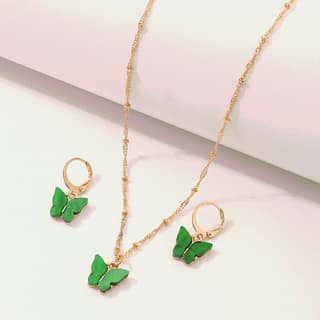 Pinapes Butterfly Hoop Earrings & Pendant Necklace Set – Light Green