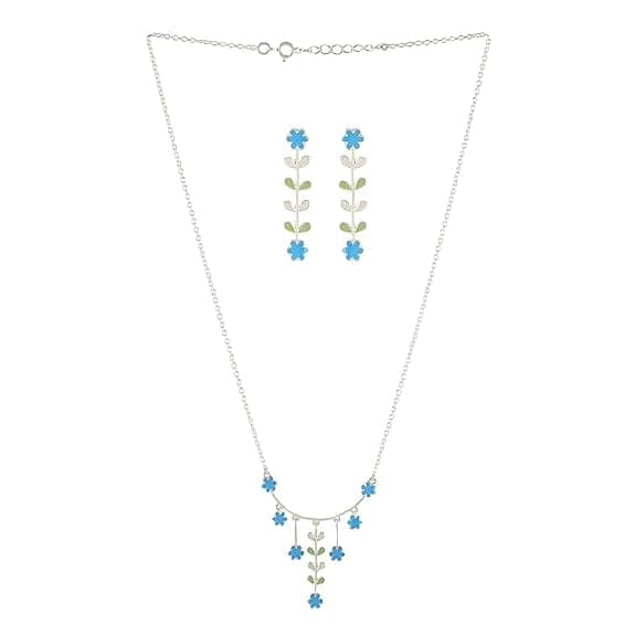 Vijayshree Sovani Designs 92.5 Sterling Silver Turquoise Bloom Necklace Earrings Set | 925 Silver Neckpiece for Women & Girls | Special Unique Gifts for Her view 3